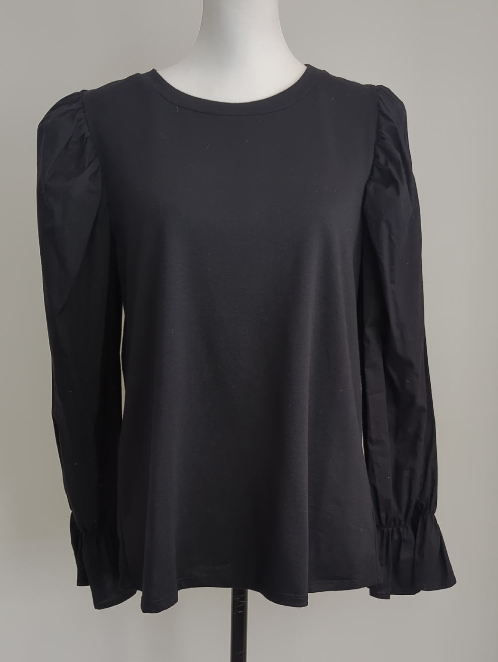 NWT Pleione Black Mixed Media Puff-Sleeve Knit Blouse Top Blouse MEDIUM